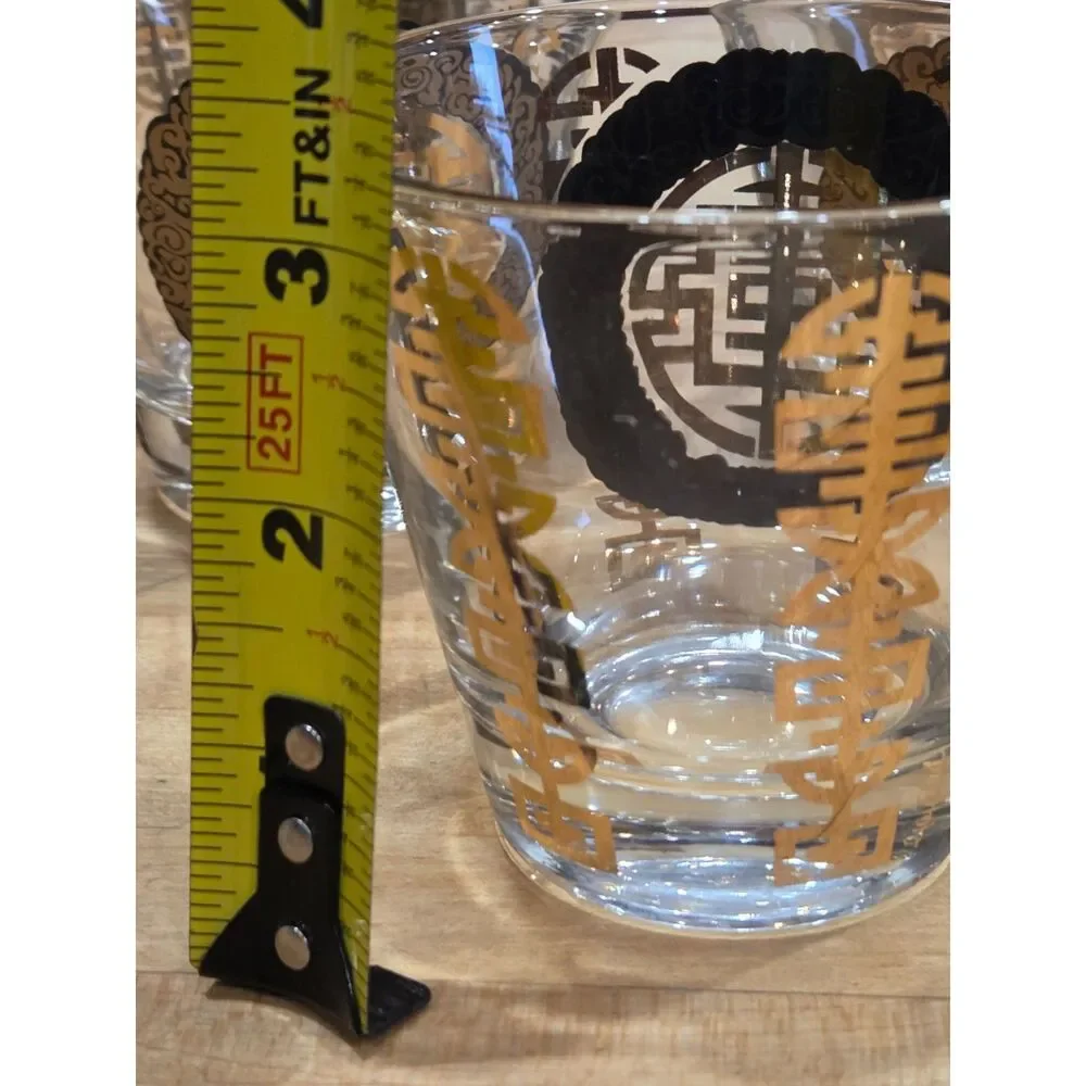 Vintage Mid Century Culver Asian Dynasty Gold Black Rocks Glasses Set 5 Lowball